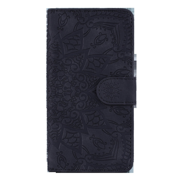 Dark embossed leather wallet case with mandala pattern and flip-cover closure