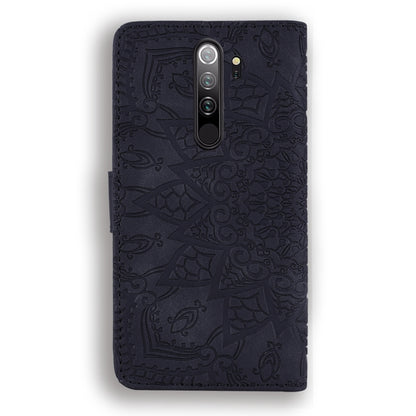 Dark embossed leather wallet case with mandala pattern and camera cutout