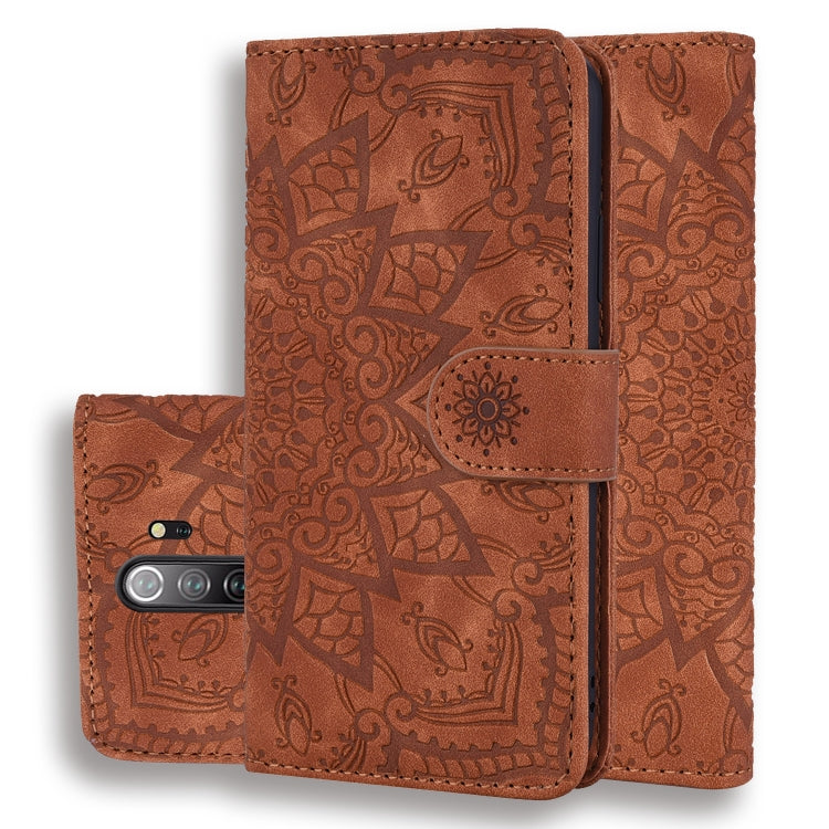 Brown embossed leather wallet case with mandala pattern, flip cover and card holder