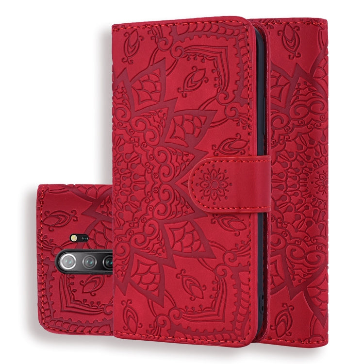 Red embossed leather wallet case with mandala pattern, flip cover and card holder