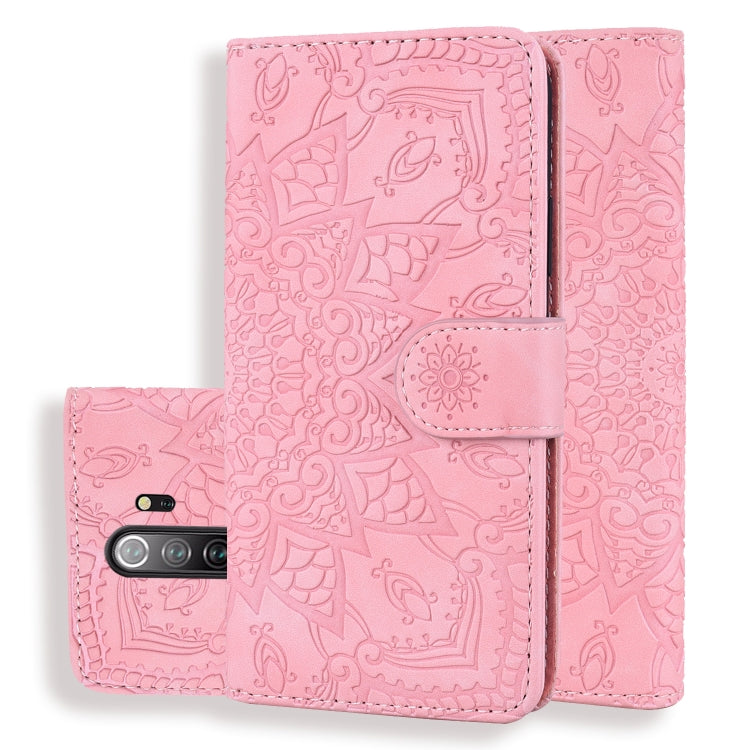 Pink embossed leather wallet case with mandala pattern, flip cover and card holder