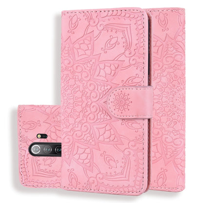 Pink embossed leather wallet case with mandala pattern, flip cover and card holder
