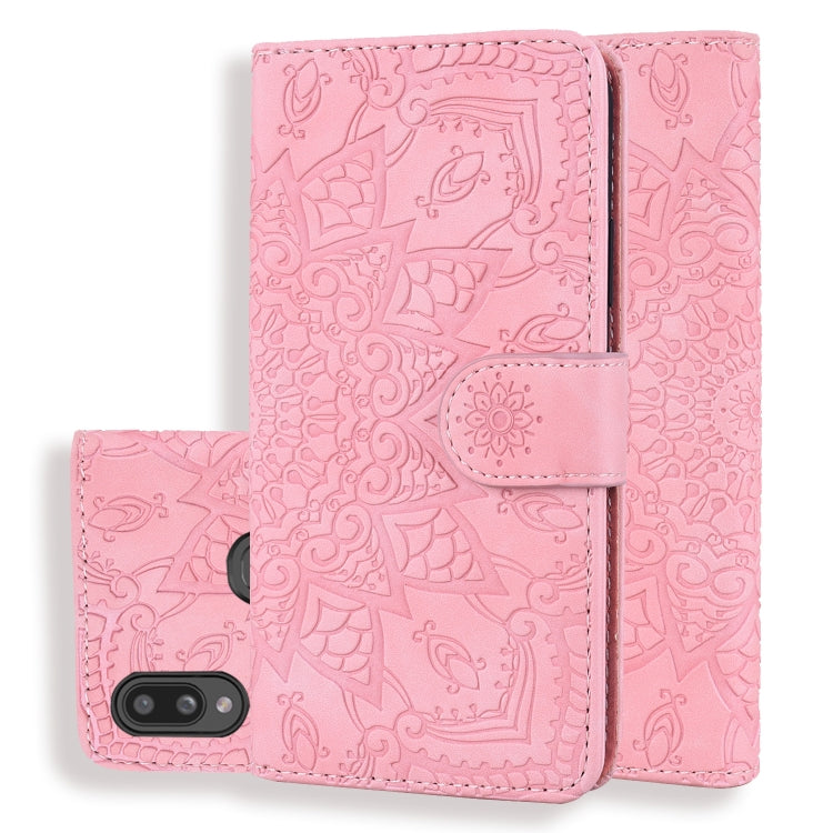 Pink mandala embossed leather wallet phone case with flip cover and camera cutout