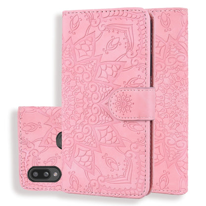 Pink mandala embossed leather wallet phone case with flip cover and camera cutout