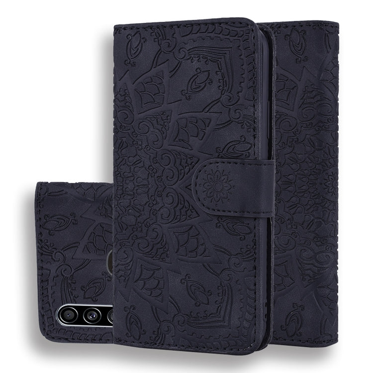 Black mandala embossed leather folio wallet phone case with flip cover and camera opening