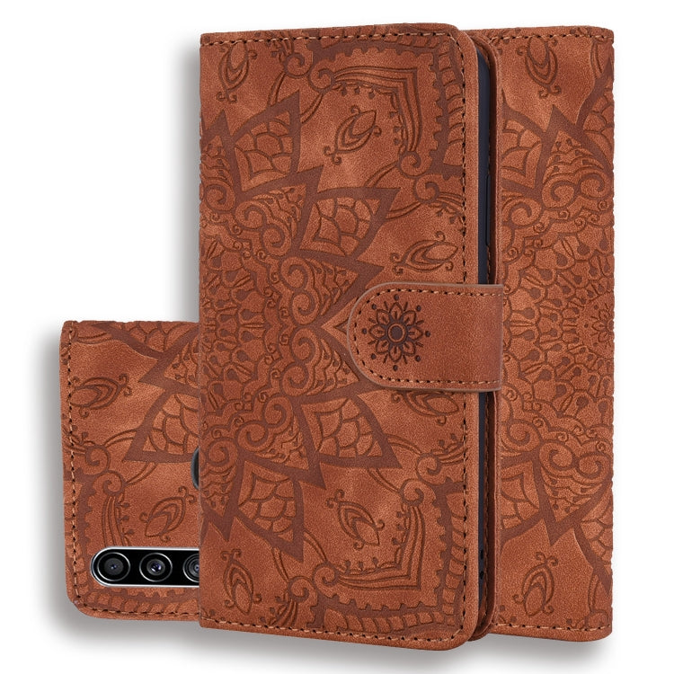Brown mandala embossed leather folio wallet phone case with flip cover and camera opening