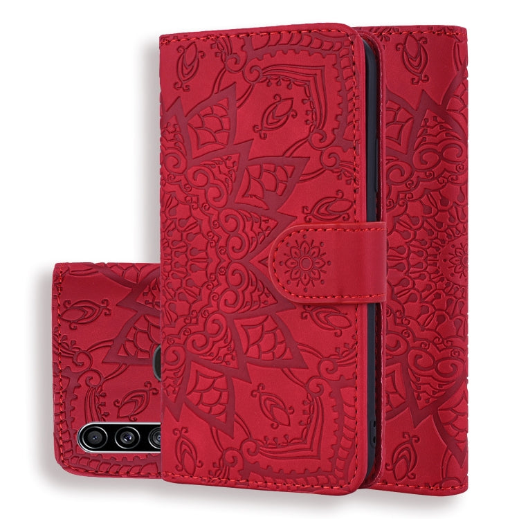 Red mandala embossed leather folio wallet phone case with flip cover and camera opening