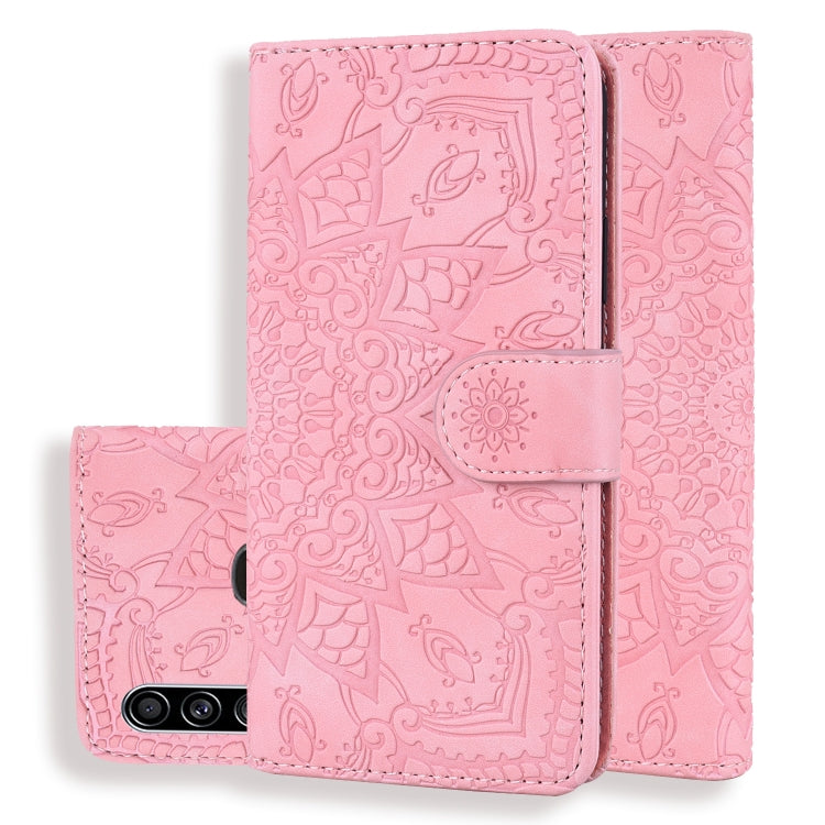 Pink mandala embossed leather folio wallet phone case with flip cover and camera opening