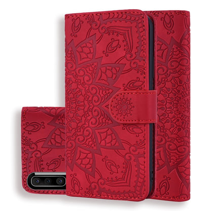 Red embossed mandala double-fold wallet leather phone case with card slots and holder