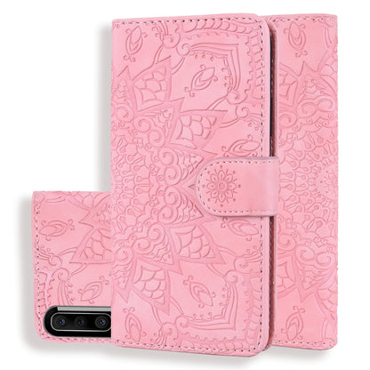 Pink embossed mandala double-fold wallet leather phone case with card slots and holder