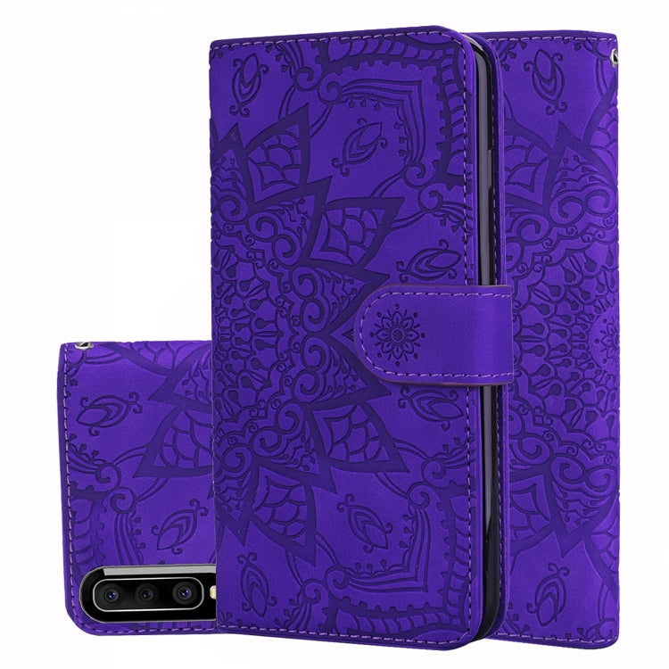 Purple embossed mandala double-fold wallet leather phone case, card slots and holder