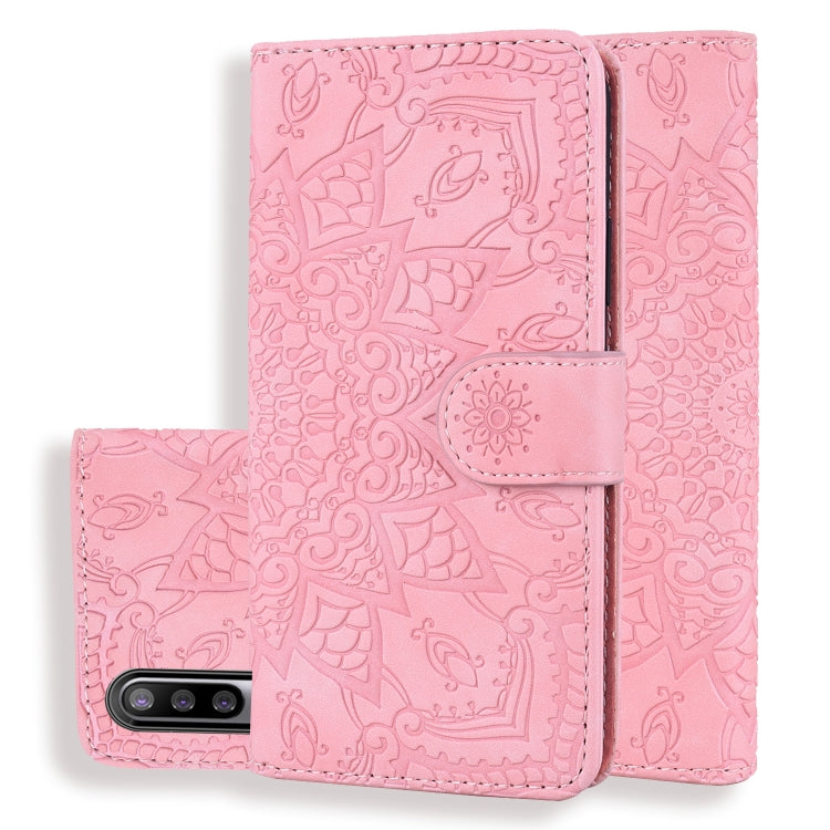 Pink embossed mandala double-fold wallet leather phone case with card slots and holder
