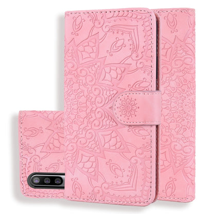 Pink embossed mandala double-fold wallet leather phone case with card slots and holder
