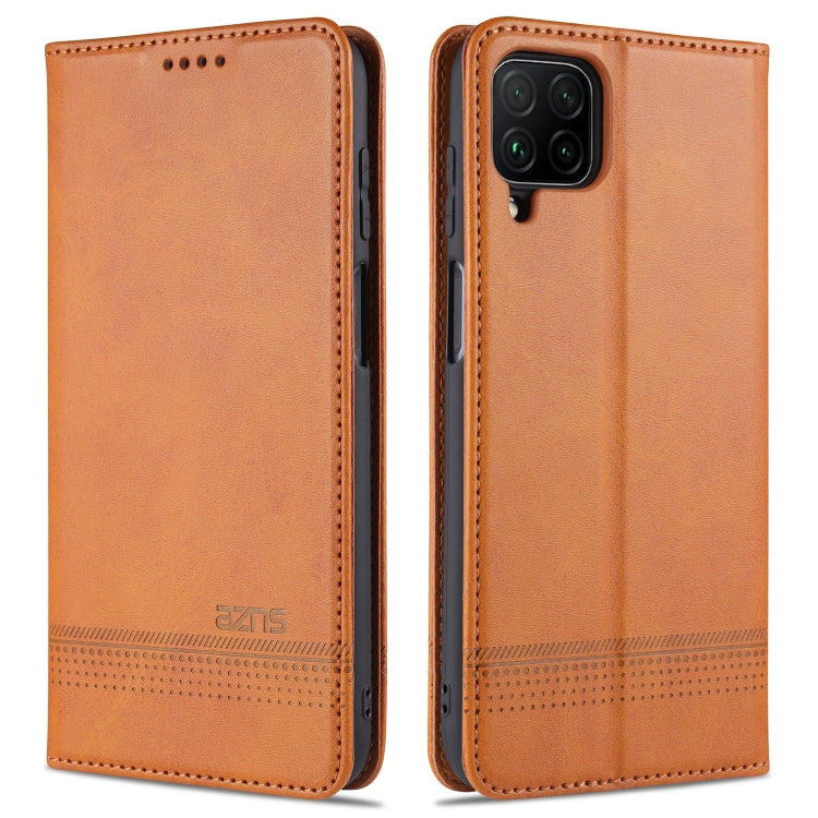 Light brown leather flip phone case with card slots and magnetic closure.