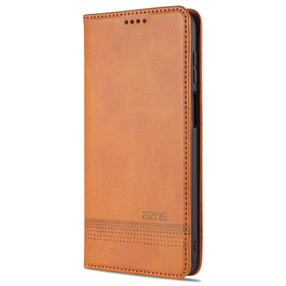 Light brown leather flip phone case with card slot section and magnetic closure.