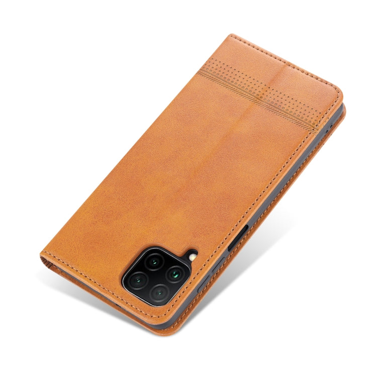Light brown leather flip phone case with camera opening and stitched edges.