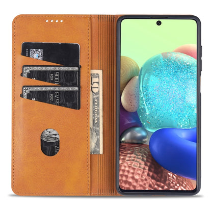 Light brown leather flip wallet case with card pockets and side button cutouts.