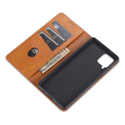 Light brown leather flip wallet case with multiple card slots and rear camera cutout.
