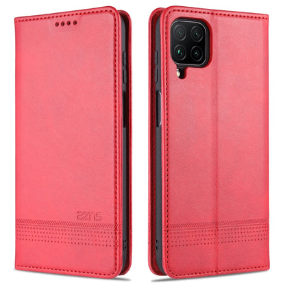 Red leather flip phone case with magnetic closure, card slots, and camera opening.