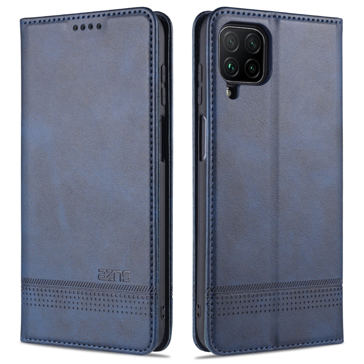 Magnetic flip leather phone case, blue, with stitched edge and camera cutout