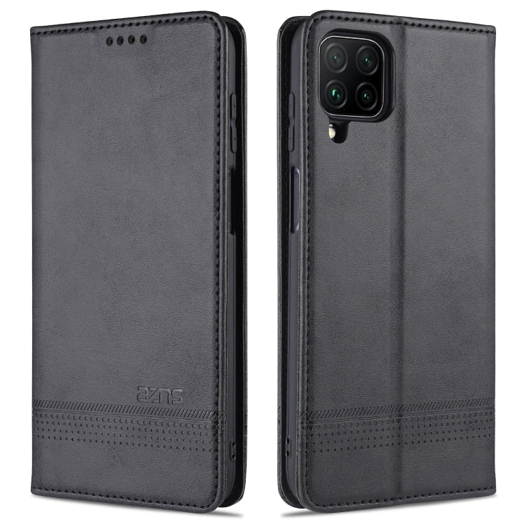 Magnetic flip leather phone case, dark gray/black, with stitched edge and camera cutout