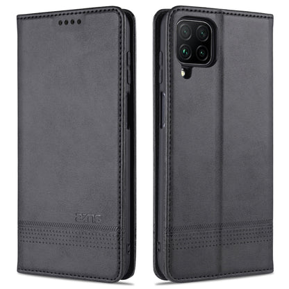 Magnetic flip leather phone case, dark gray/black, with stitched edge and camera cutout