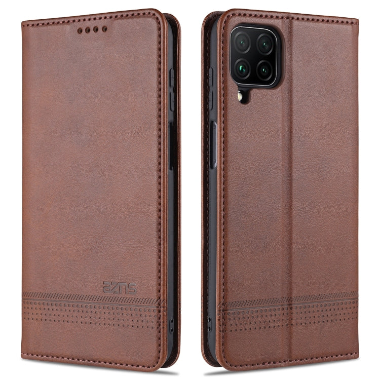 Magnetic flip leather phone case, brown, with stitched edge and camera cutout
