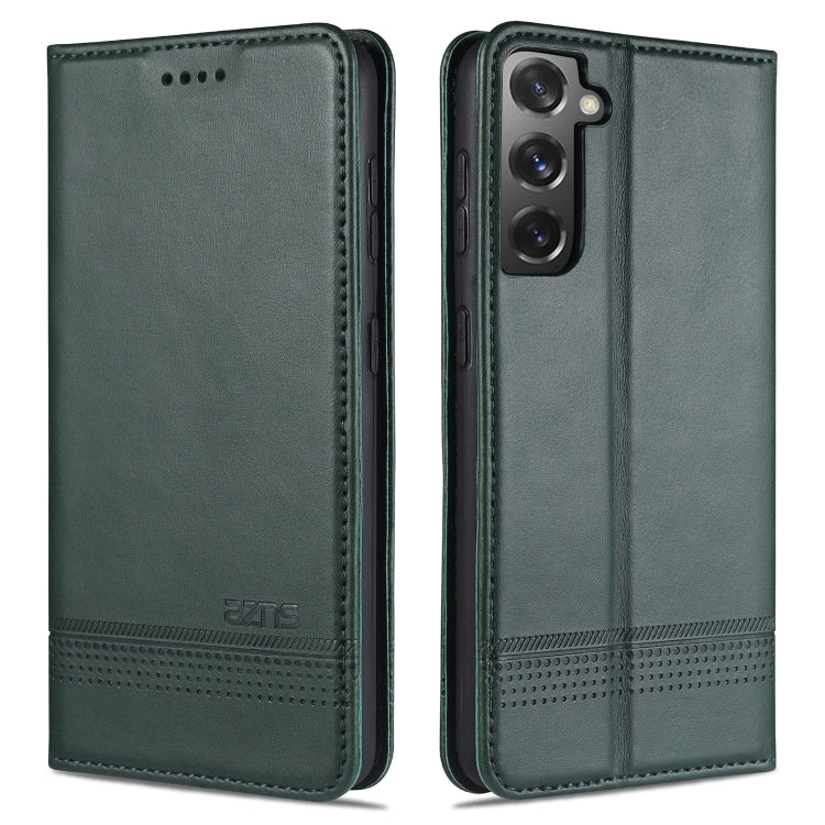 Magnetic flip leather phone case, dark green, with stitched edge and camera cutout