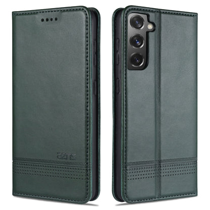 Magnetic flip leather phone case, dark green, with stitched edge and camera cutout