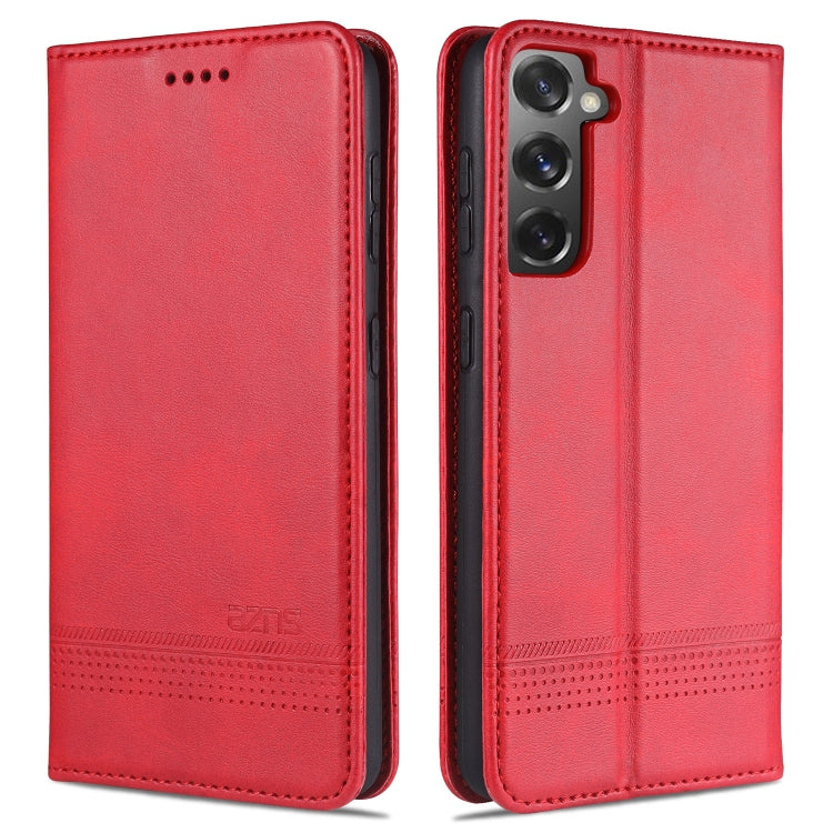 Magnetic flip leather phone case, red, with stitched edge and camera cutout