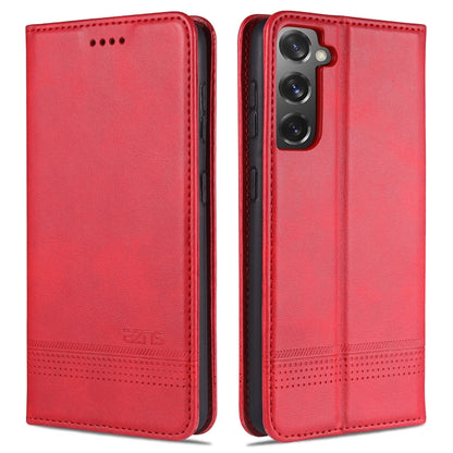 Magnetic flip leather phone case, red, with stitched edge and camera cutout