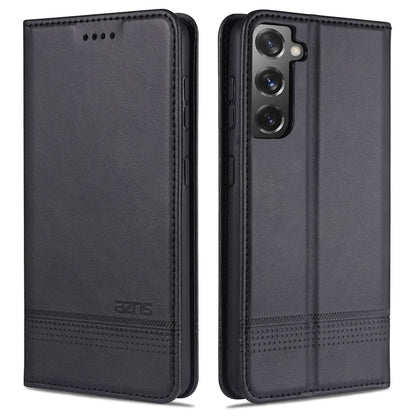 Magnetic flip leather phone case, charcoal black, with camera cutout and stitched edge