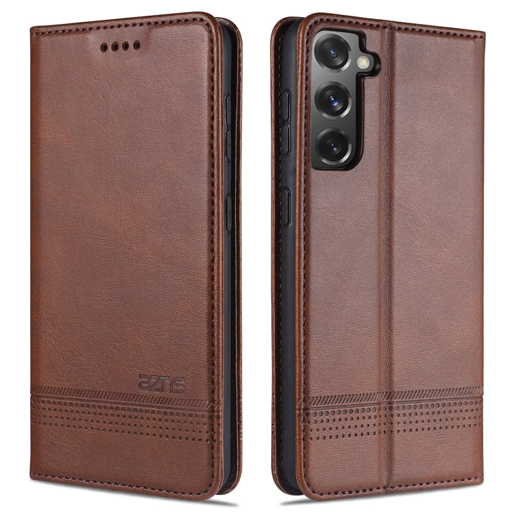 Magnetic flip leather phone case, brown, with camera cutout and stitched edge