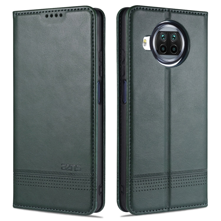 Dark green leather flip phone case with stitched edges and camera cutout