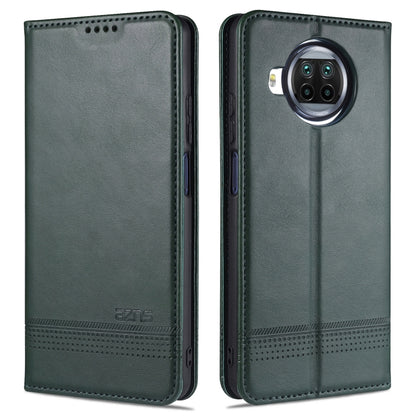Dark green leather flip phone case with stitched edges and camera cutout