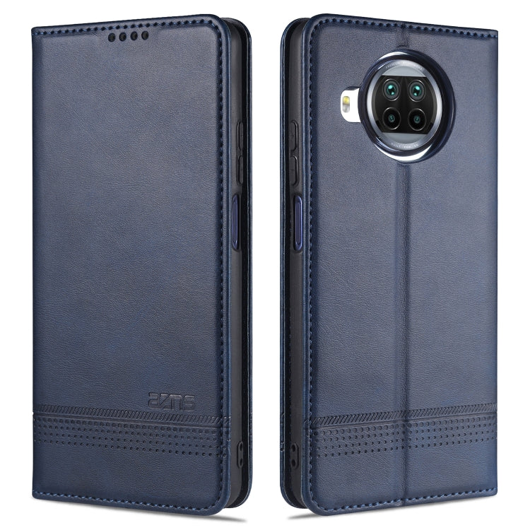 Dark blue leather flip phone case with stitched edges and camera cutout