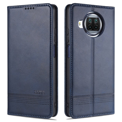 Dark blue leather flip phone case with stitched edges and camera cutout