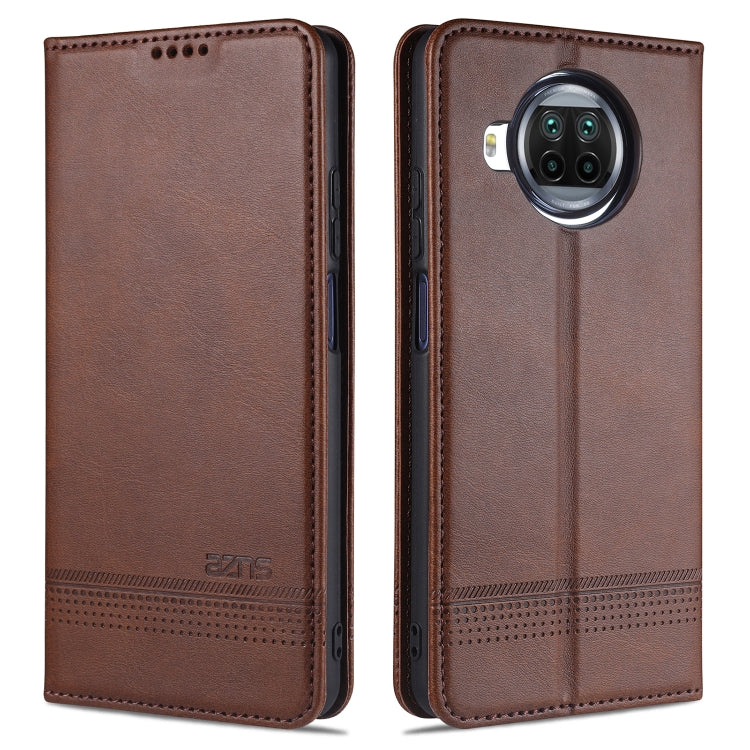 Brown leather flip phone case with stitched edges and camera cutout
