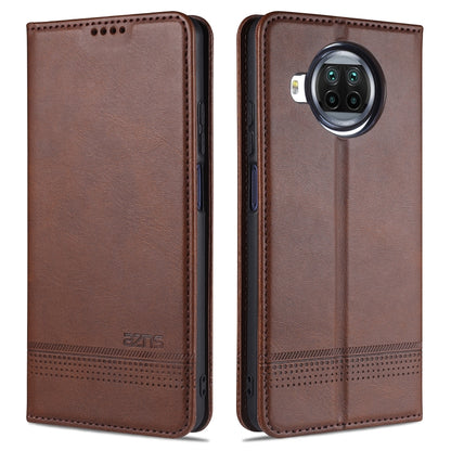 Brown leather flip phone case with stitched edges and camera cutout