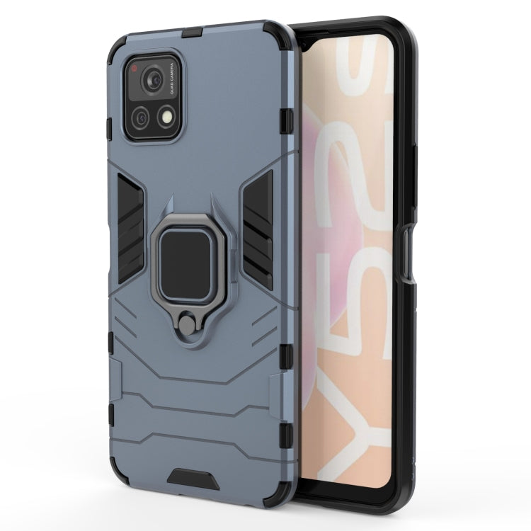 Navy blue shockproof phone case with magnetic ring holder and reinforced corner grips