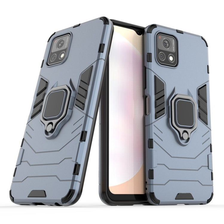 Navy blue shockproof phone case with magnetic ring holder; back and open sides shown