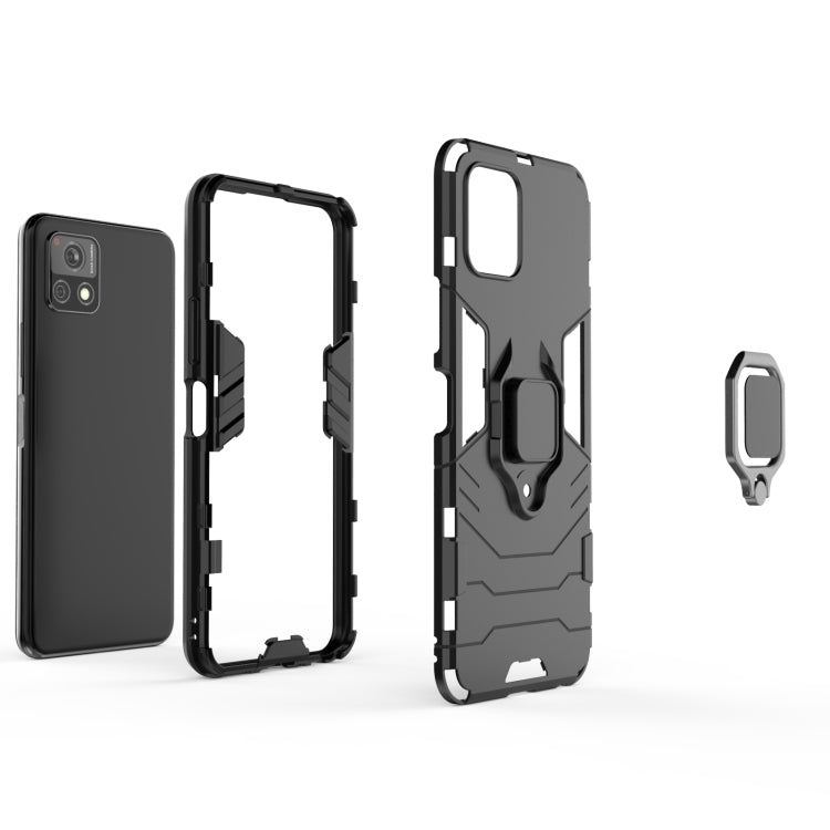 Black shockproof phone case with magnetic ring holder and rugged textured side grips