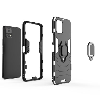 Black shockproof phone case with magnetic ring holder and rugged textured side grips