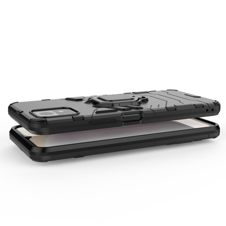 Black shockproof phone case with magnetic ring holder and raised protective edges