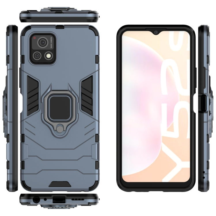 Navy blue shockproof phone case with magnetic ring holder; back, sides, and front display view