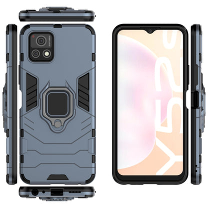 Navy blue shockproof phone case with magnetic ring holder; back, sides, and front display view