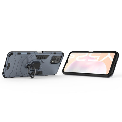Navy blue shockproof phone case with magnetic ring holder; back view and stand-style angle