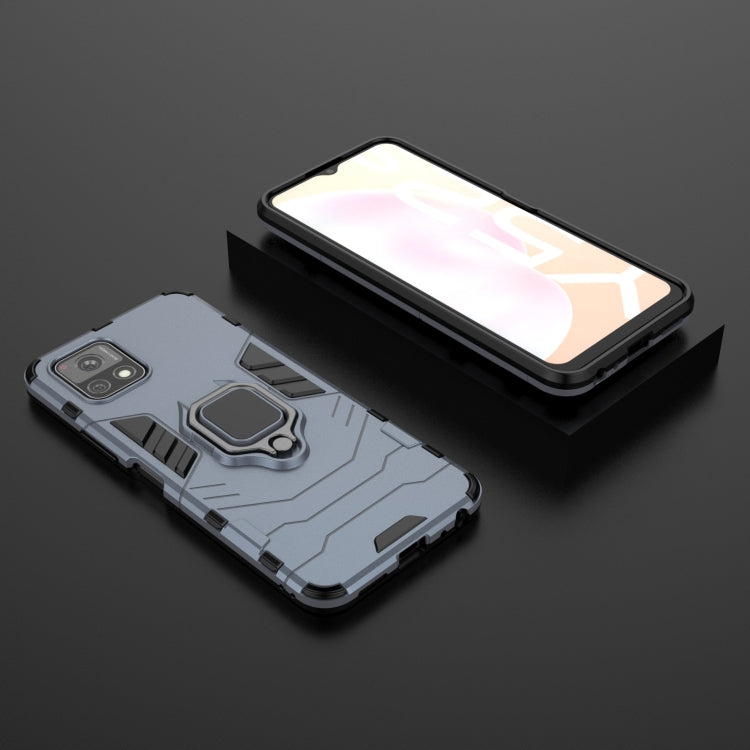 Navy blue shockproof phone case with magnetic ring holder; back and screen-side view