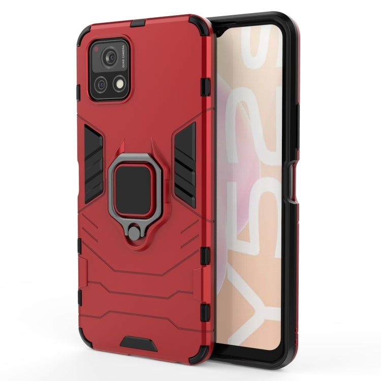 Red shockproof phone case with magnetic ring holder and rugged textured side grips