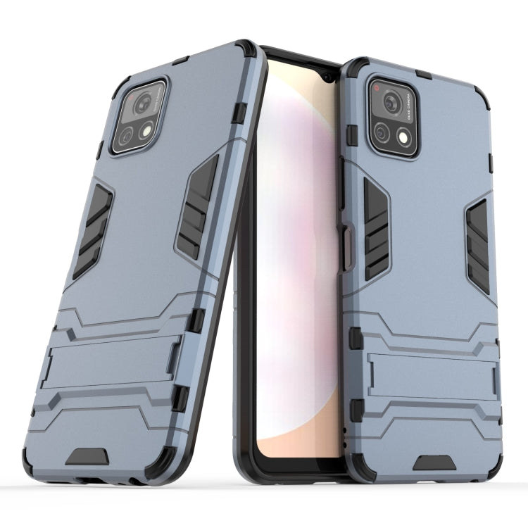Navy blue rugged shockproof phone case, front and back views with camera cutouts